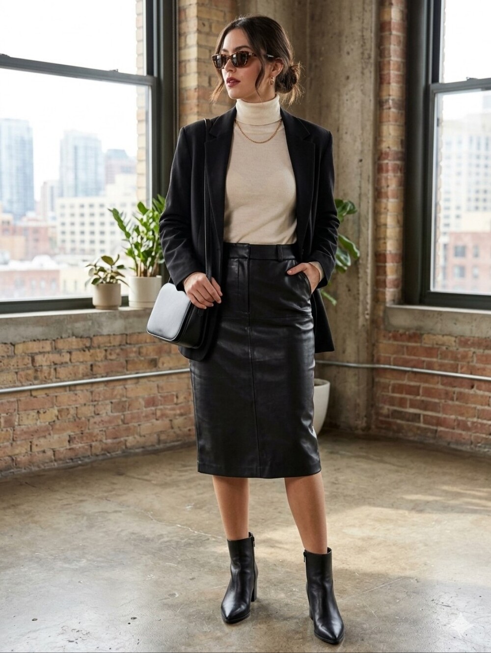 MNG Classic Black Faux Leather Pencil Skirt